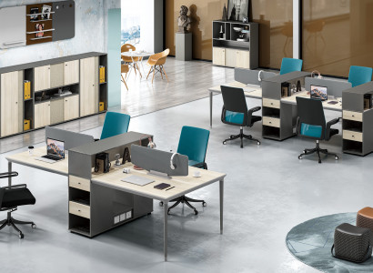 Office furniture setup tables desk 4 workstations call center